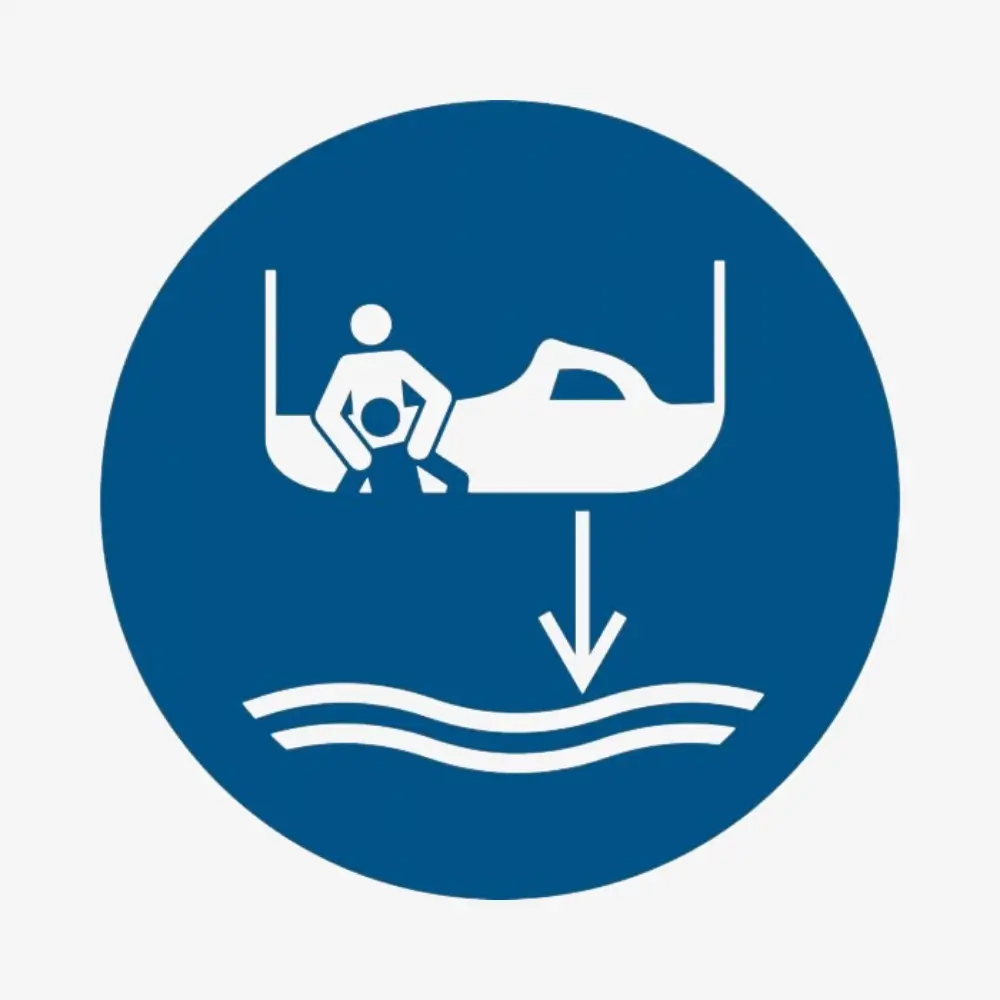 Bajar el bote de rescate al agua en la señal de secuencia de lanzamiento